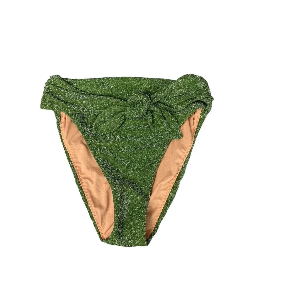 New! J. Crew Bikini Bottom Size XXS High Cut Tie Waist Green Sparkle BC133